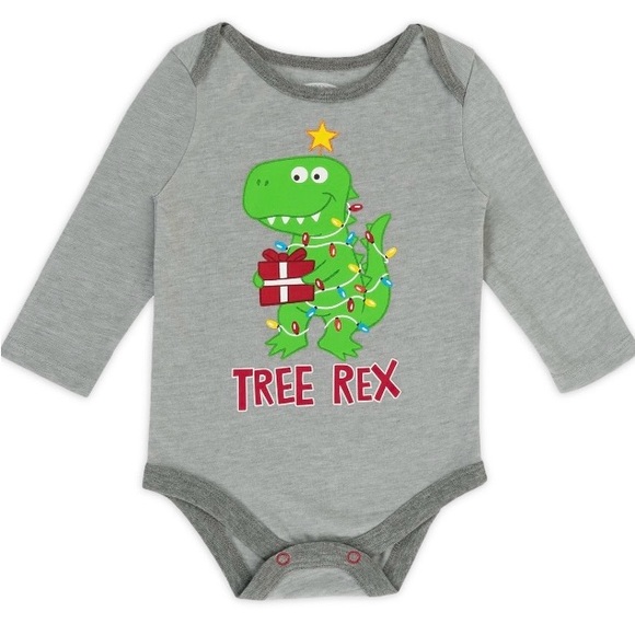 Infant Boys Gray Christmas Tree Rex Dinosaur Holiday Creeper Bodysuit - Picture 1 of 3